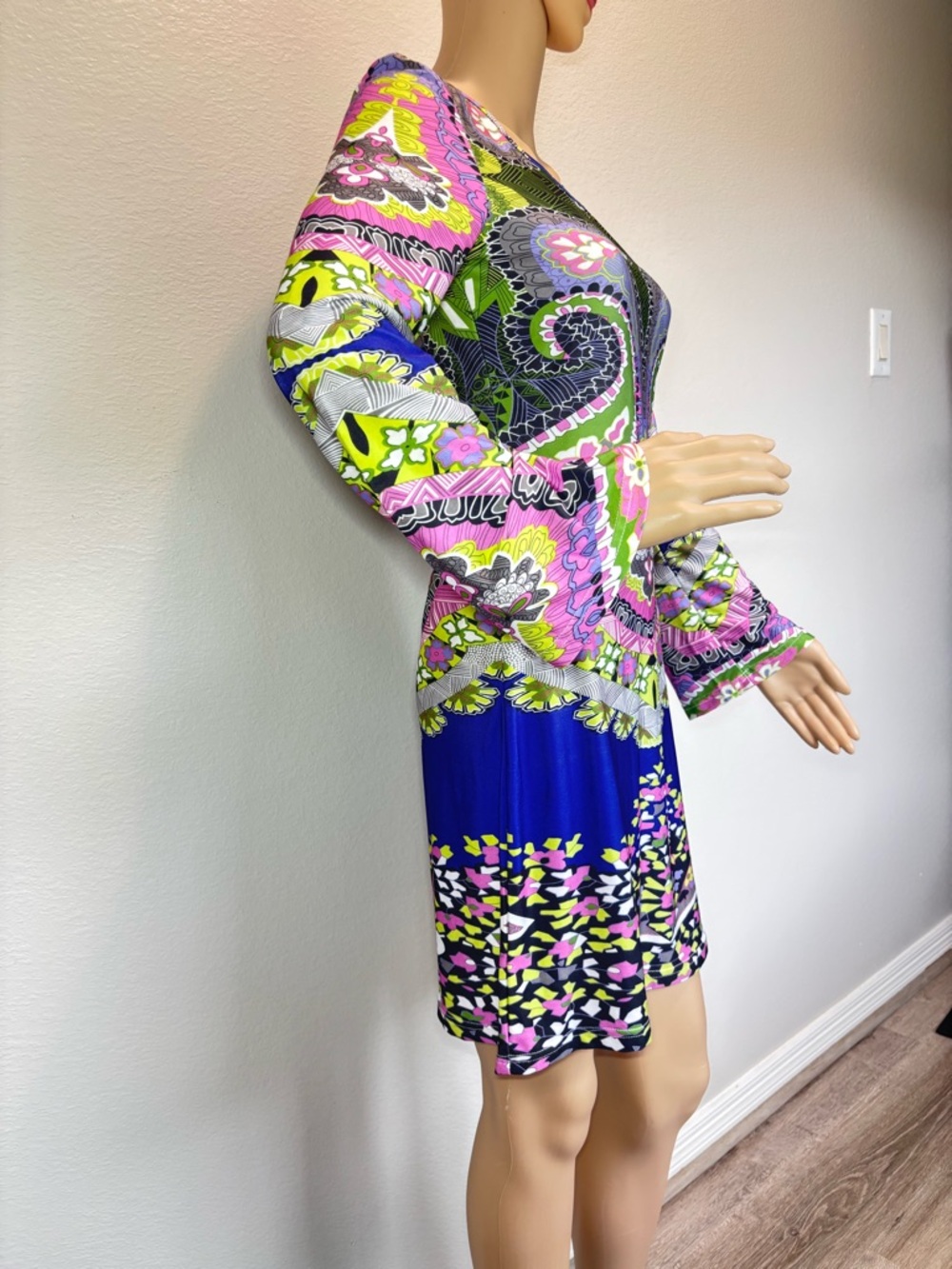 White Mark Couture Collection Blue, Pink & Green Paisley-Print Long Sleeve Dress - Picture 10 of 13